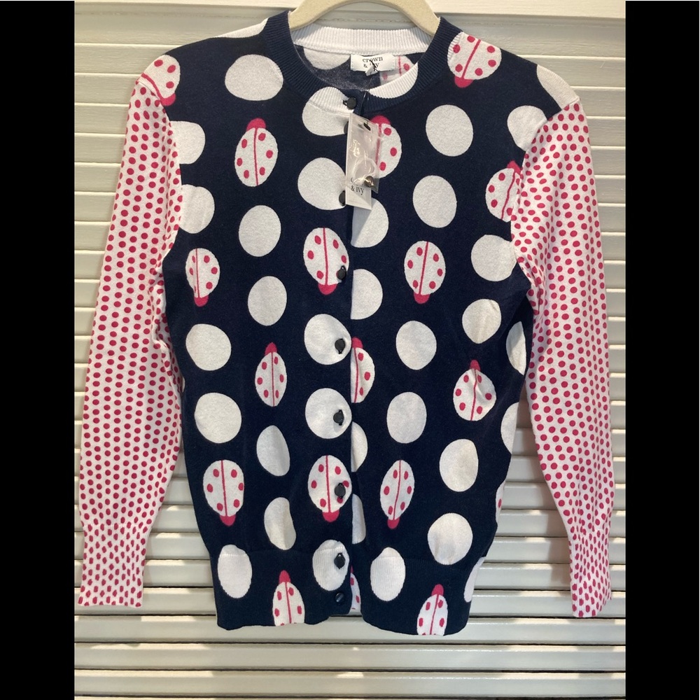 NWT Ladybug polka dot navy/pink/white cardigan Crown & Ivy sz XS